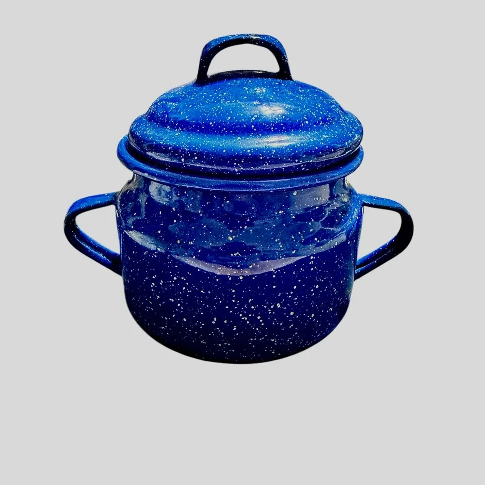 Cinsa Blue Granite Enamelware Stock Pot with Lid Saltillo Mexico Speckled 6.5in
